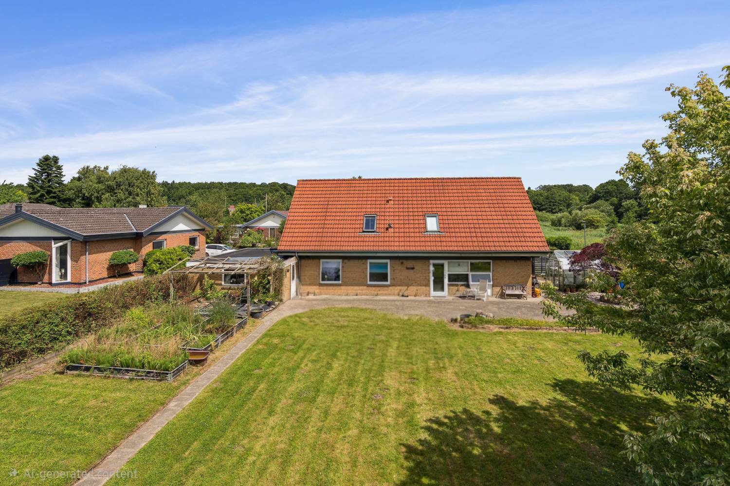 Fremhævet ejendommen set fra haven billede i fuldskærmstilstand. Billede af Dyrkobbel 148, 6300 Gråsten