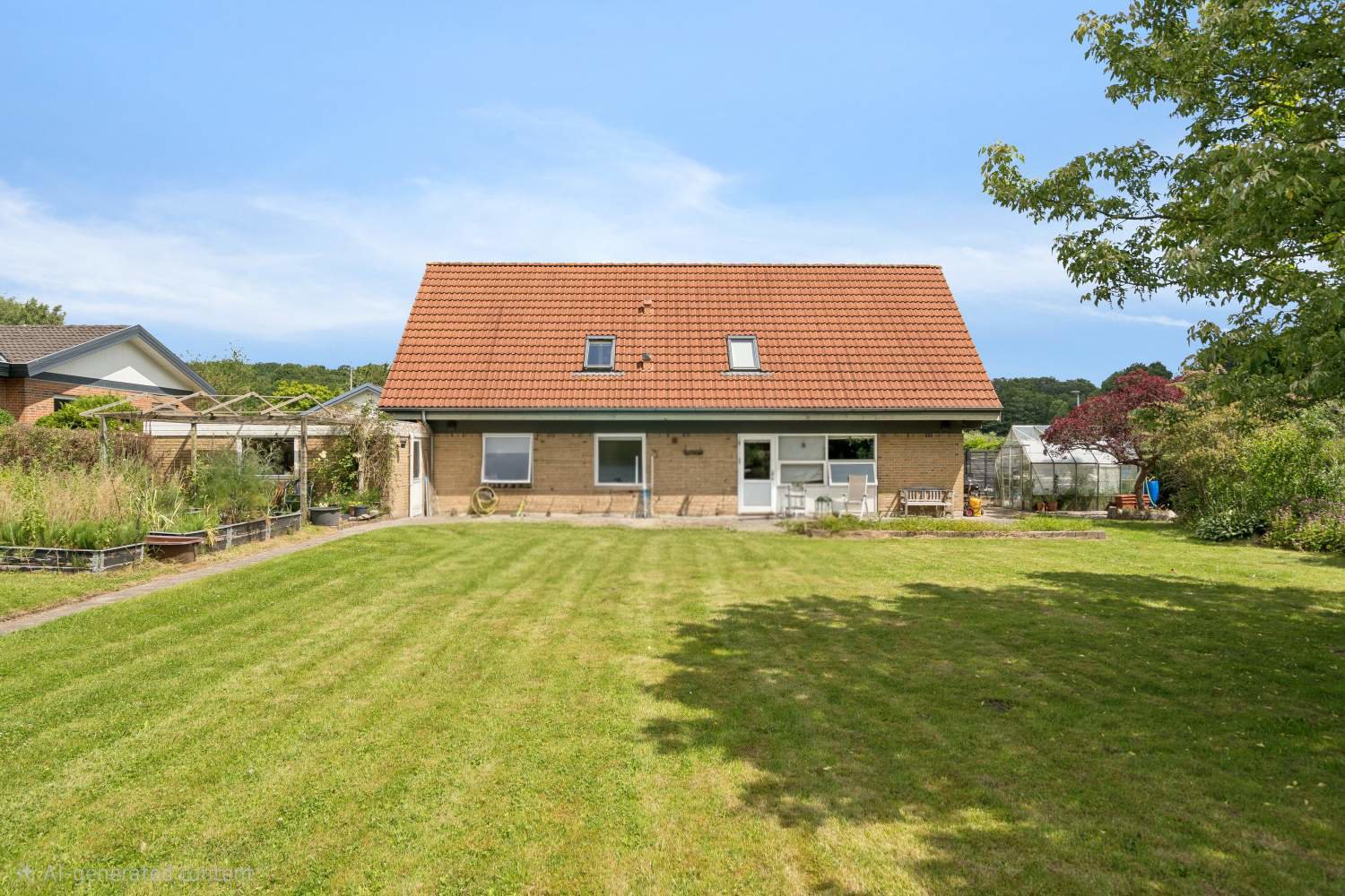 Fremhævet ejendommen set fra haven billede i fuldskærmstilstand. Billede af Dyrkobbel 148, 6300 Gråsten