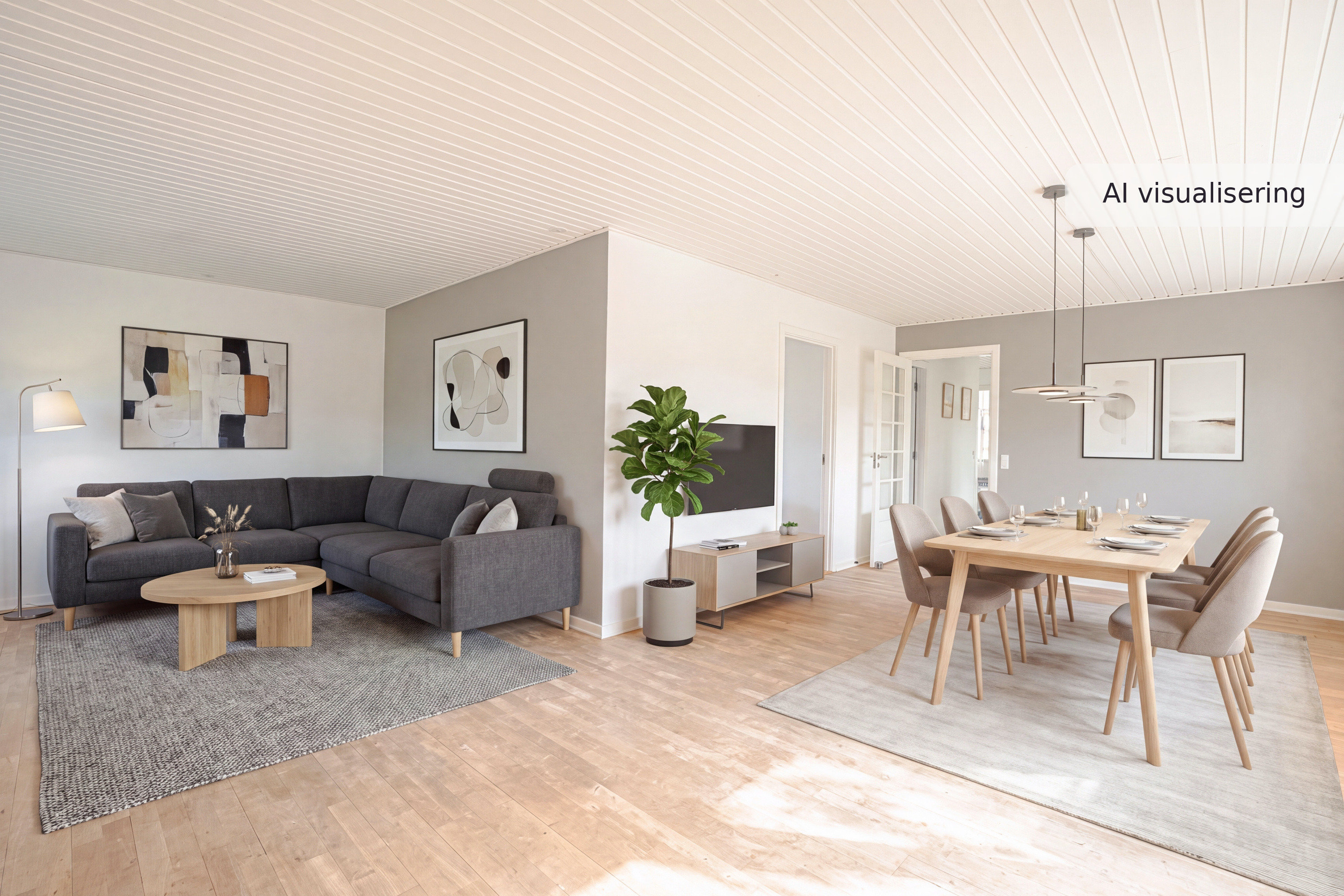 Fremhævet nybolig visual — stue — moderne (visualisering nr. 16054) billede i fuldskærmstilstand. Billede af Jasminvænget 7, 5631 Ebberup